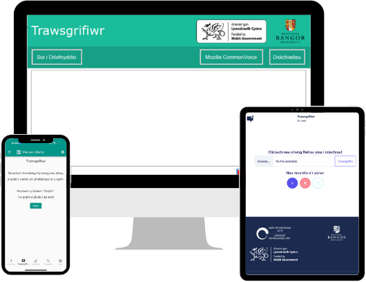 y trawsgrifiwr websites on phone and computer screen